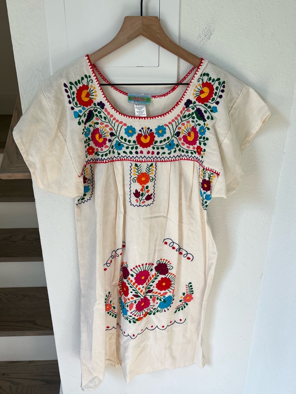 Nativa Puebla Hand Embroidered Mexican Peasant Dress in Cream